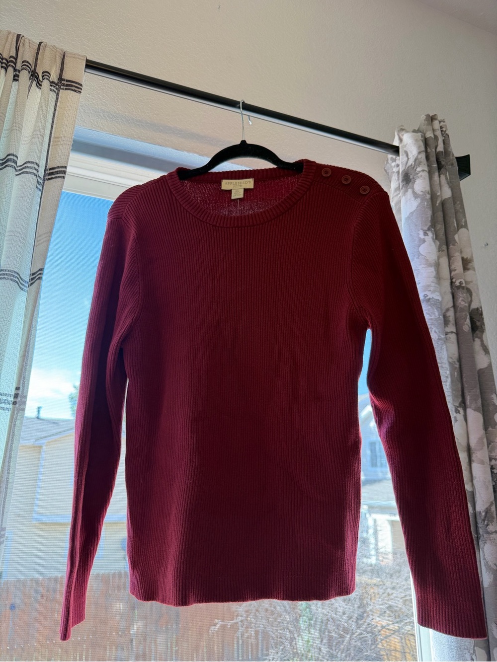 Appleseed's Deep Red Ribbed Crewneck Sweater with Shoulder Buttons
